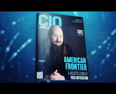 Magazine cover of CIO Applications featuring American Frontier and risk mitigation with a man posing.