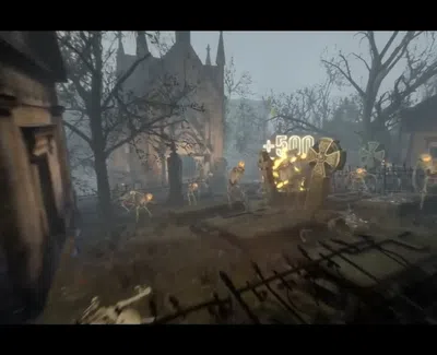 Skeletons in a foggy graveyard with old mausoleums and an illuminated +500 score sign in a dark, eerie atmosphere