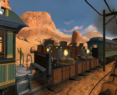 Western desert landscape with a steam train carrying crates, sandbags, and a horse in the foreground