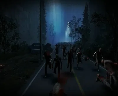 Dark forest road with a group of zombies advancing toward a glowing figure in the blue-lit distance at night.