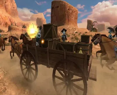 Wild West scene with skeleton cowboys attacking a wooden wagon loaded with crates in a desert canyon.