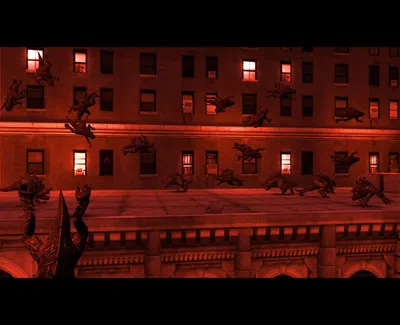 Dark red urban scene with multiple winged creatures descending on a rooftop at night under lit windows.