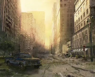 Post-apocalyptic urban street with abandoned buildings, cracked roads, overgrown vegetation, and a rusty pickup truck