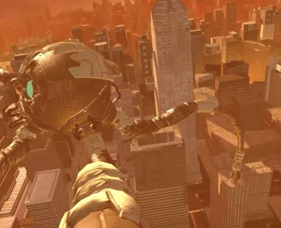 Futuristic robotic spider with glowing eye hovers above city skyline during orange sunset.
