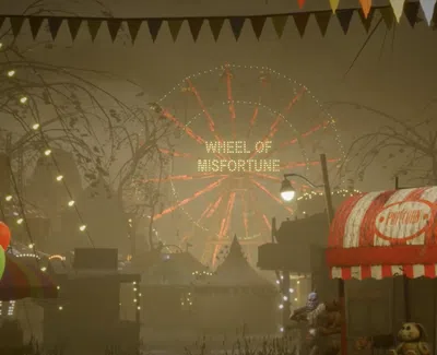 Foggy carnival scene with colorful balloons and a lit Ferris wheel labeled Wheel of Misfortune at night.