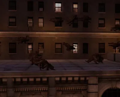 Bronze animal sculptures suspended and positioned on urban building ledge at dusk with lit windows.
