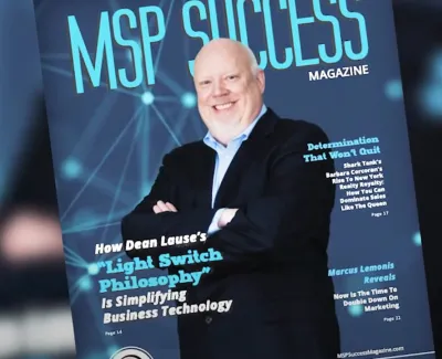 Cover of MSP Success Magazine featuring a smiling man in a suit with business technology headlines.