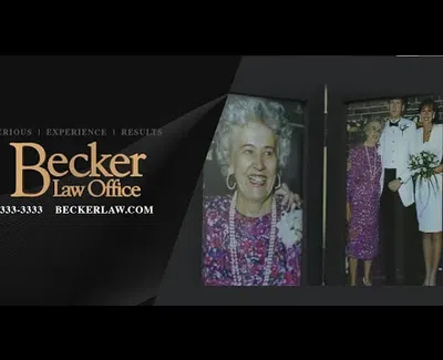Becker Law Office advertisement with senior woman photos and contact details on a dark background.