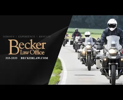 Group of motorcyclists riding on a road next to Becker Law Office ad for legal services.