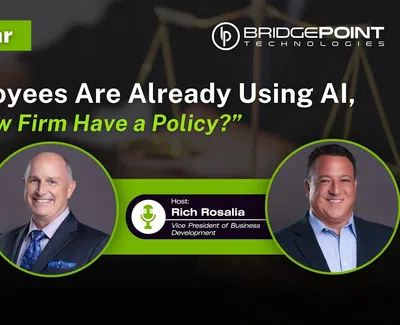 Webinar poster with speaker Bob Fuhrman and host Rich Rosalia discussing AI policy for law firms.