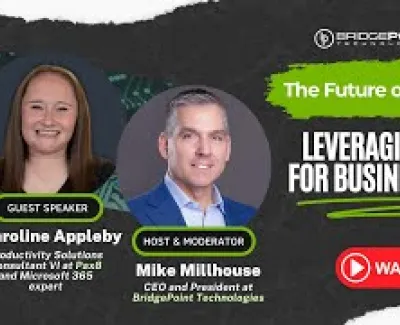 Webinar promotion featuring guest Caroline Appleby and host Mike Millhouse on leveraging Copilot for business success.