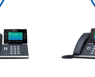 Two black Yealink office desk phones with color screens and keypads on a white background with blue accents.