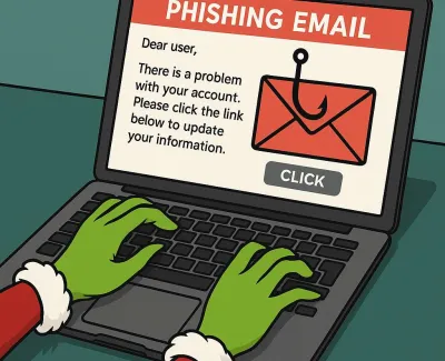 Cartoon hands typing on laptop displaying a phishing email warning about account issues and a fake update link.
