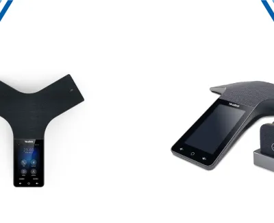 Modern conference phones with touchscreen displays and sleek black designs for office communication