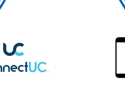 ConnectUC logo beside a black smartphone icon with blue angled corner design on white background
