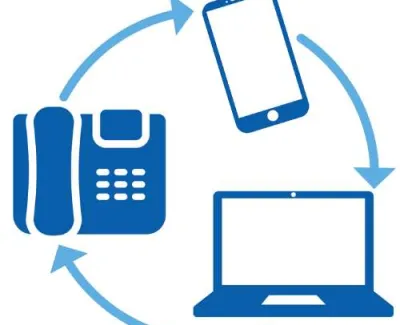 Blue icons of phone, smartphone, and laptop connected by circular arrows symbolizing communication or device synchronization.