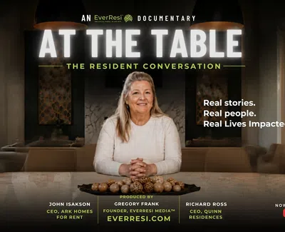 Smiling woman sitting at a table with text promoting the EverResi documentary At The Table, streaming on YouTube