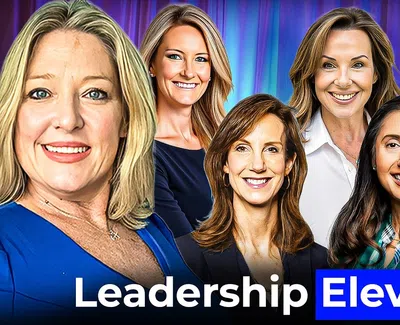 Group of seven diverse professional women smiling confidently with Leadership Elevated text overlay.