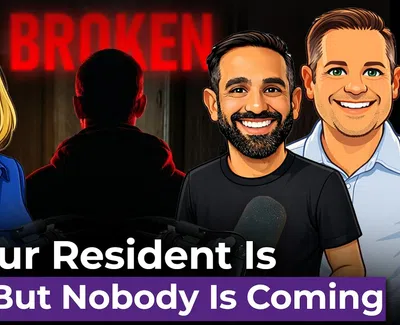 Illustrated podcast hosts with a shadowed figure and bold text 'BROKEN' highlighting theme of waiting and isolation.