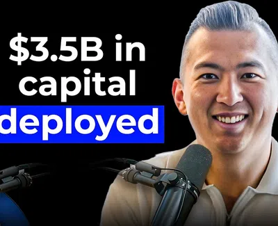 Two smiling podcasters with microphones discussing $3.5B in capital deployed, bold white and blue text on black background.