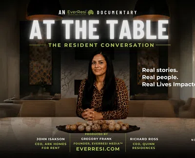 Woman seated at a table in a modern room for EverResi documentary At The Table resident conversation.