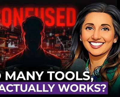 Two smiling women with microphones flank a shadowy confused figure with tech graphics and text about tools and effectiveness.