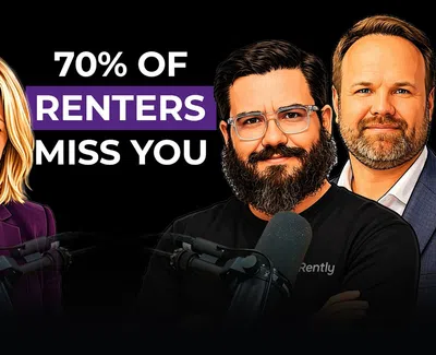 Four diverse podcast hosts with microphones behind text stating 70% of renters miss you