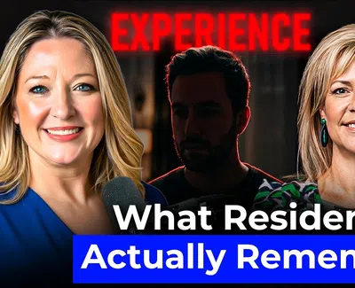 Four smiling people with microphones under the word EXPERIENCE and text What Residents Actually Remember