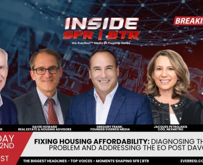 Five professionals smiling with text about fixing housing affordability and a live breaking news banner