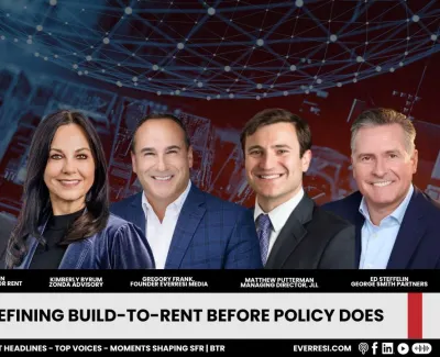 Six real estate experts pose for a conference banner on build-to-rent policy with network graphics above them.