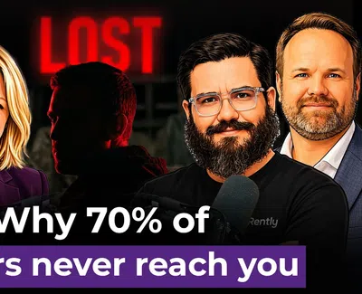 Five business professionals with microphones, text stating why 70% of renters never reach you, dark LOST sign background