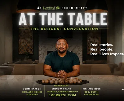 Man sitting at table in documentary promo titled At The Table with EverResi branding and YouTube streaming info.