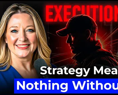 Two women smiling with microphones flank a silhouette man under the red EXECUTION text with strategy means nothing without this