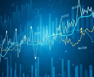 Blue financial chart with line graphs, bar graphs, and data points showing market trends and fluctuations.