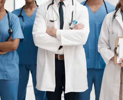 Group of medical professionals in scrubs and white coats standing confidently indoors with stethoscopes