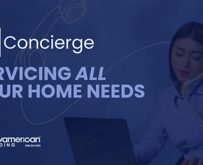 NAF Concierge servicing all your home needs with a woman on phone and laptop, blue background.