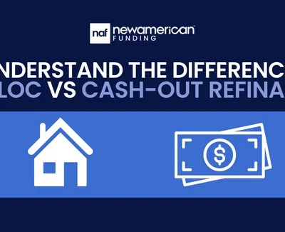 Comparison of HELOC versus cash-out refinance with house and money icons on blue background.