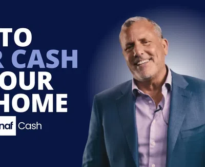 Smiling man in suit beside text on how to offer cash for your new home with NAF Cash on blue background