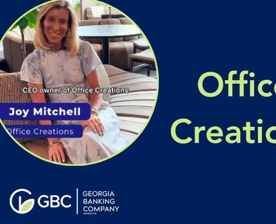 Joy Mitchell, CEO of Office Creations, featured with Georgia Banking Company branding and text on blue background.