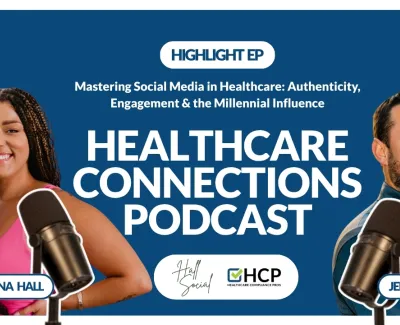 Healthcare Connections Podcast banner featuring hosts Kristina Hall and Jeremy Winn with microphones on blue background.