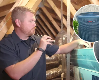Technician inspecting HVAC system in attic with inset images of outdoor air conditioning units near house walls.
