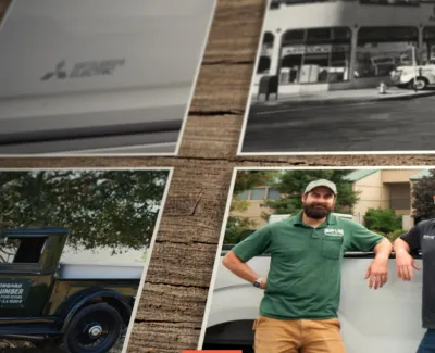 Photo collage on wooden table featuring vintage and modern plumber trucks and two plumbers standing by a white van.