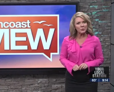 Female news anchor in pink blouse standing beside Suncoast View show logo on screen with brick wall background.