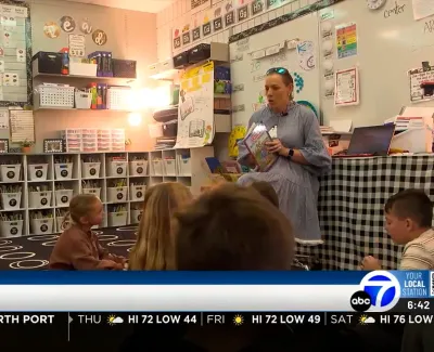 Teacher reading a book aloud to young students seated on the floor in a colorful classroom