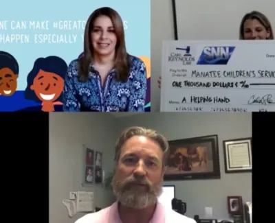 Three people in a virtual meeting raising $1,000 for Manatee Children's Services in April 2020.