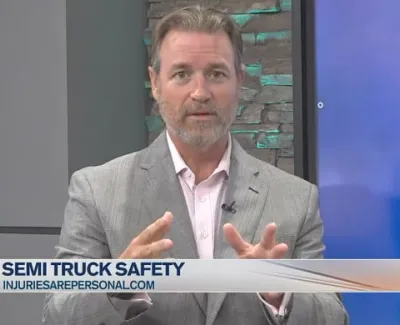 Man in gray suit discussing semi truck safety on a local news morning show set with informational graphics.