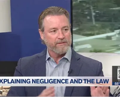 Man in suit explaining negligence and the law during a news interview with a blue and white background.