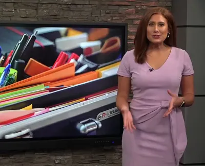 Woman in purple dress presents in front of screen displaying colorful office supplies and pens in an organizer.