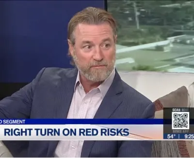 Man in suit discussing right turn on red traffic risks during a sponsored law segment on TV news.