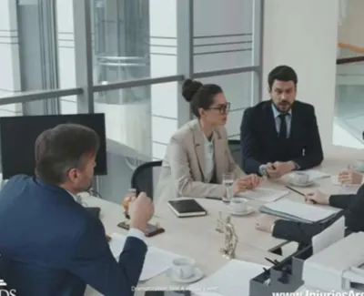 Business professionals engaged in a formal meeting around a conference table in a modern office setting.